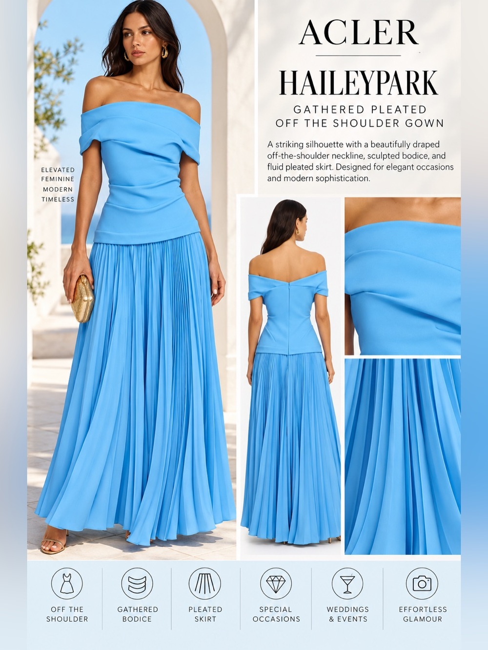 Acler Haileypark Light Blue Off Shoulder Pleated Gown Size 8 NWOT